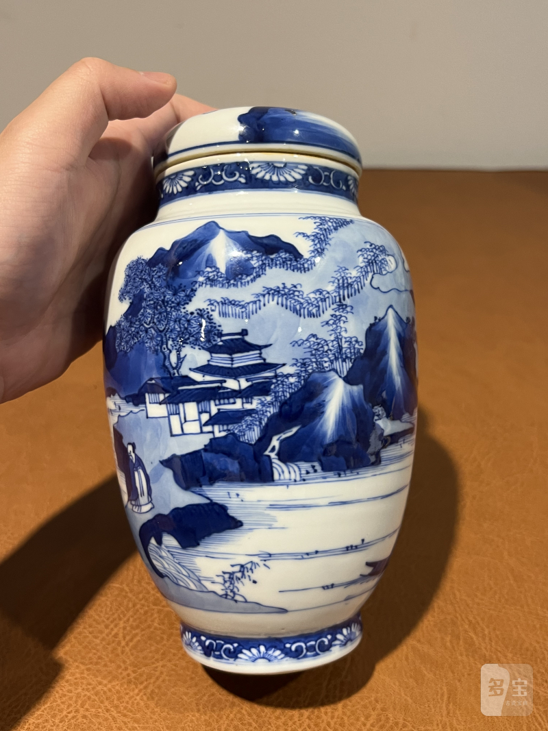 清康熙 青花山水人物纹莲子罐 - 图5